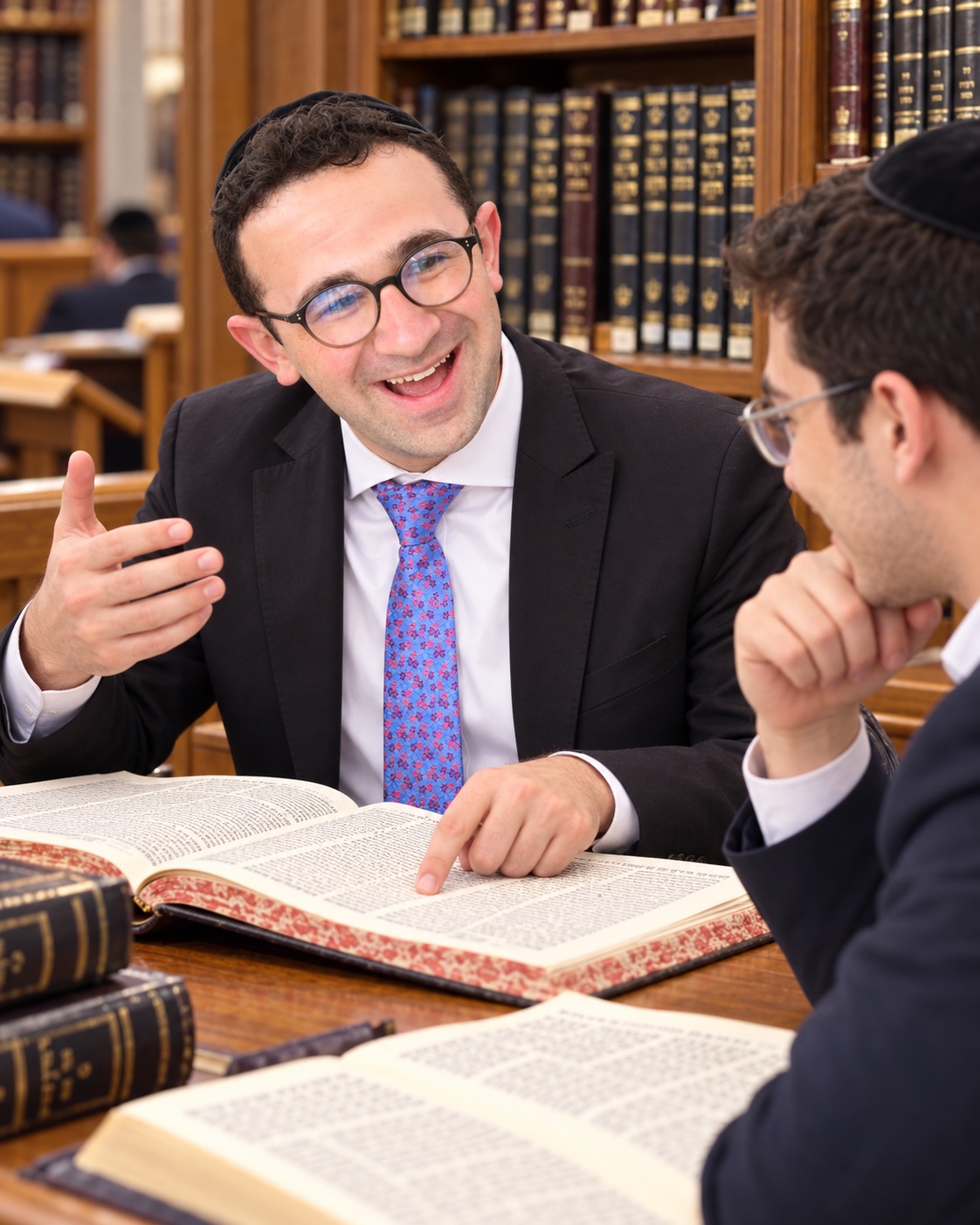 Illustration of Alan discussing an open sefer with a learning partner